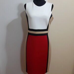 Calvin Klein Size 10 Color Block Scuba Sheath Dress Red White Tan Black